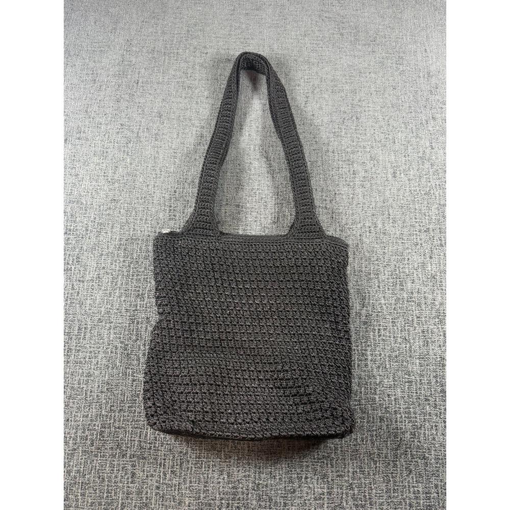 The Sak Elliott Lucca Crochet Shoulder Bag Black Gray Hobo Tote Zip Closure